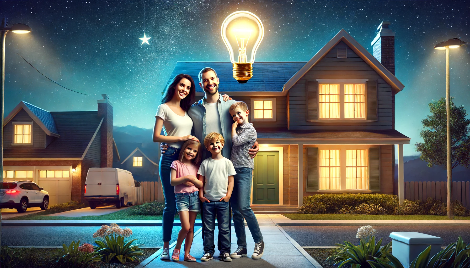 DALL·E 2024-06-17 16.39.30 - A hyperrealistic image of a happy family standing in front of their house at night. The family includes two parents and two children, all smiling and